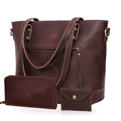 PORTLAND BUFFALO LEATHER TOTE BAG COMBO - BROWN