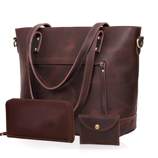 PORTLAND BUFFALO LEATHER TOTE BAG COMBO - BROWN