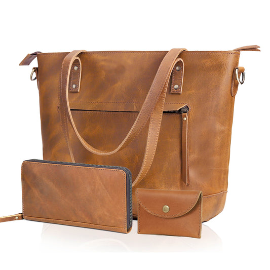 Portland Buffalo Leather Tote Bag Combo - Tan