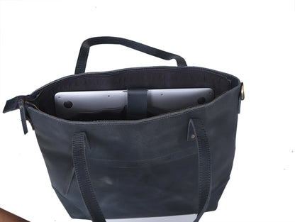 Portland Buffalo Leather Tote Bag - Navy